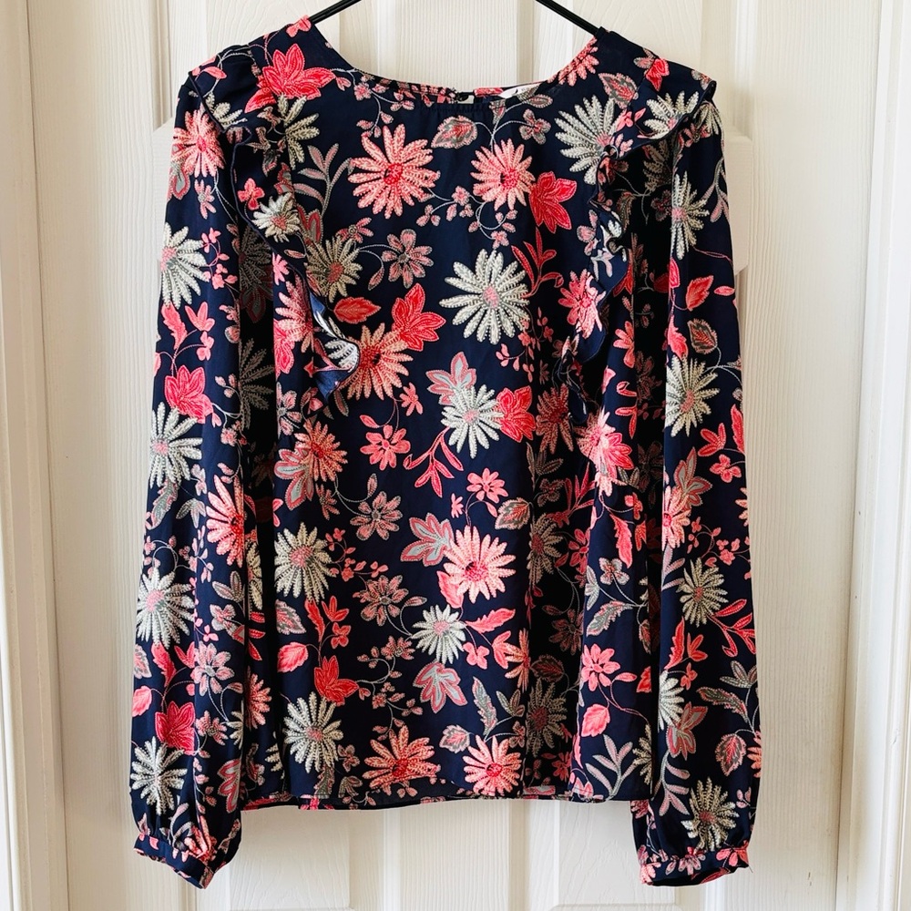 Nanette Lepore Floral Blouse - Pink and Green on Navy